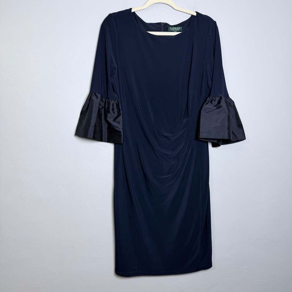 Lauren Ralph Lauren Navy Blue Ruched Bell Sleeve Taffeta Jersey Sheath Dress 16